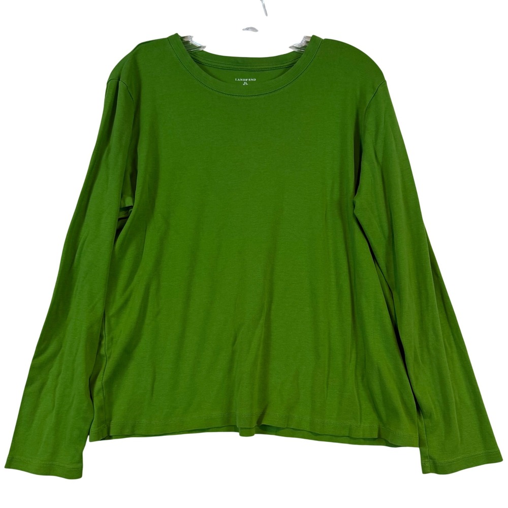 Lands End Womens XL Green Cotton Long Sleeve Crew Neck T-Shirt Basic Top Layer